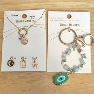 Cost Plus World Market Gold Necklace with Green Charm Set